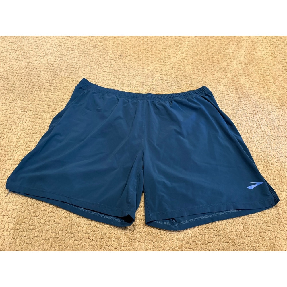 Brooks Mens XXL Run Happy Running Shorts Blue Reflective Pocket Athletic 7in